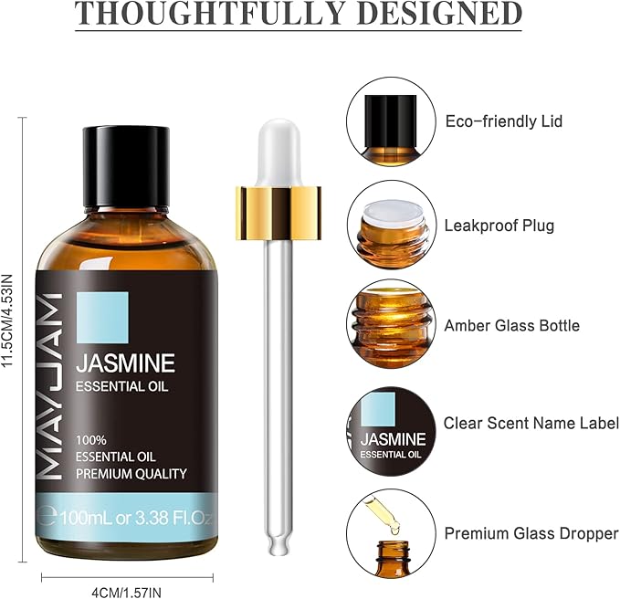 Jasmine Essential Oil with Glass Dropper, MAYJAM Pure Essential Oils for Diffusers for Home, Jasmine Oil for Soap Making, Candle Making, 3.38FL.OZ