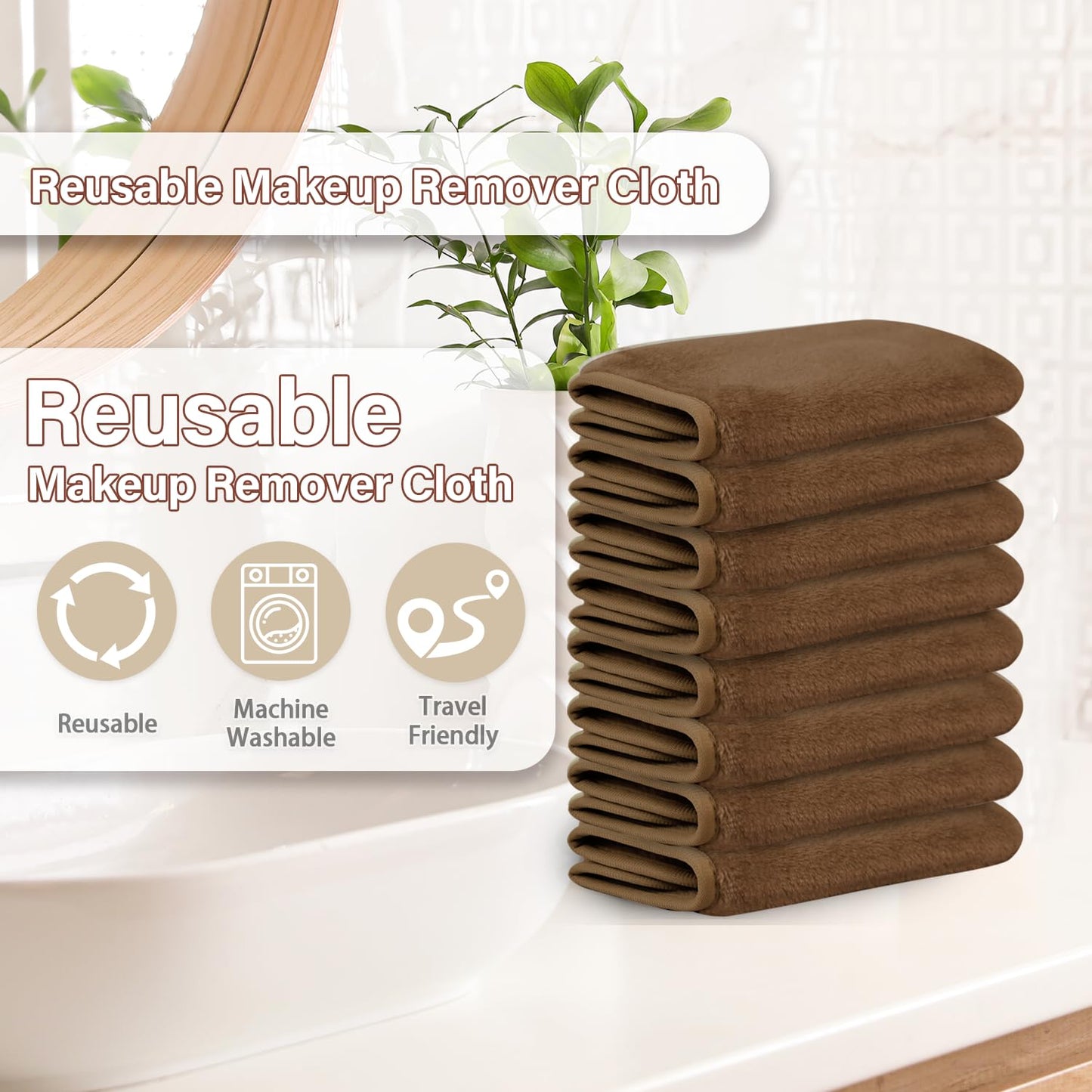 Nugilla Makeup Remover Cloths, 8 Packs Makeup Remover Towels Reusable Face Wash Cloth, Soft Makeup Remover Microfiber Face Cloth for Women(Brown)