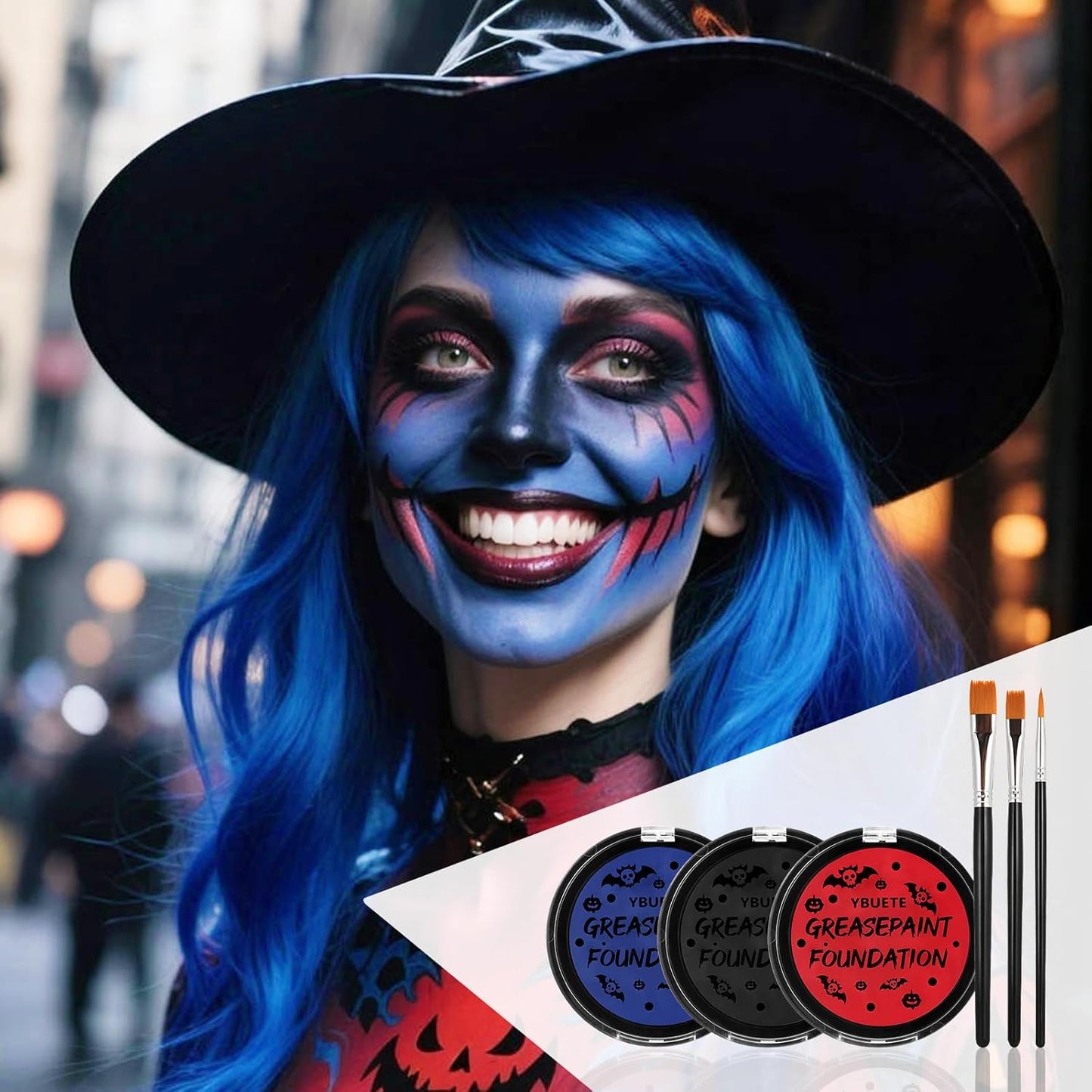 Red Black Blue Oil Based Face Paint Kit with Painting Brushes, Professional Full Coverage Greasepaint for Adults Halloween Cosplay SFX Clown Vampire Skull Makeup Party Theater Stage