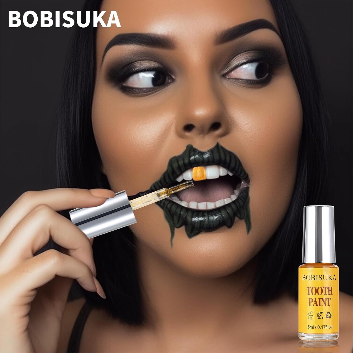 BOBISUKA Gold Tooth Paint, Professional Gold Costumed Teeth Paint - No Streak, Safe, Long Last SFX Tooth Makeup Paint, Perfect for Cosplay, Halloween Makeup, Theater, and Special Effects (5 ml)