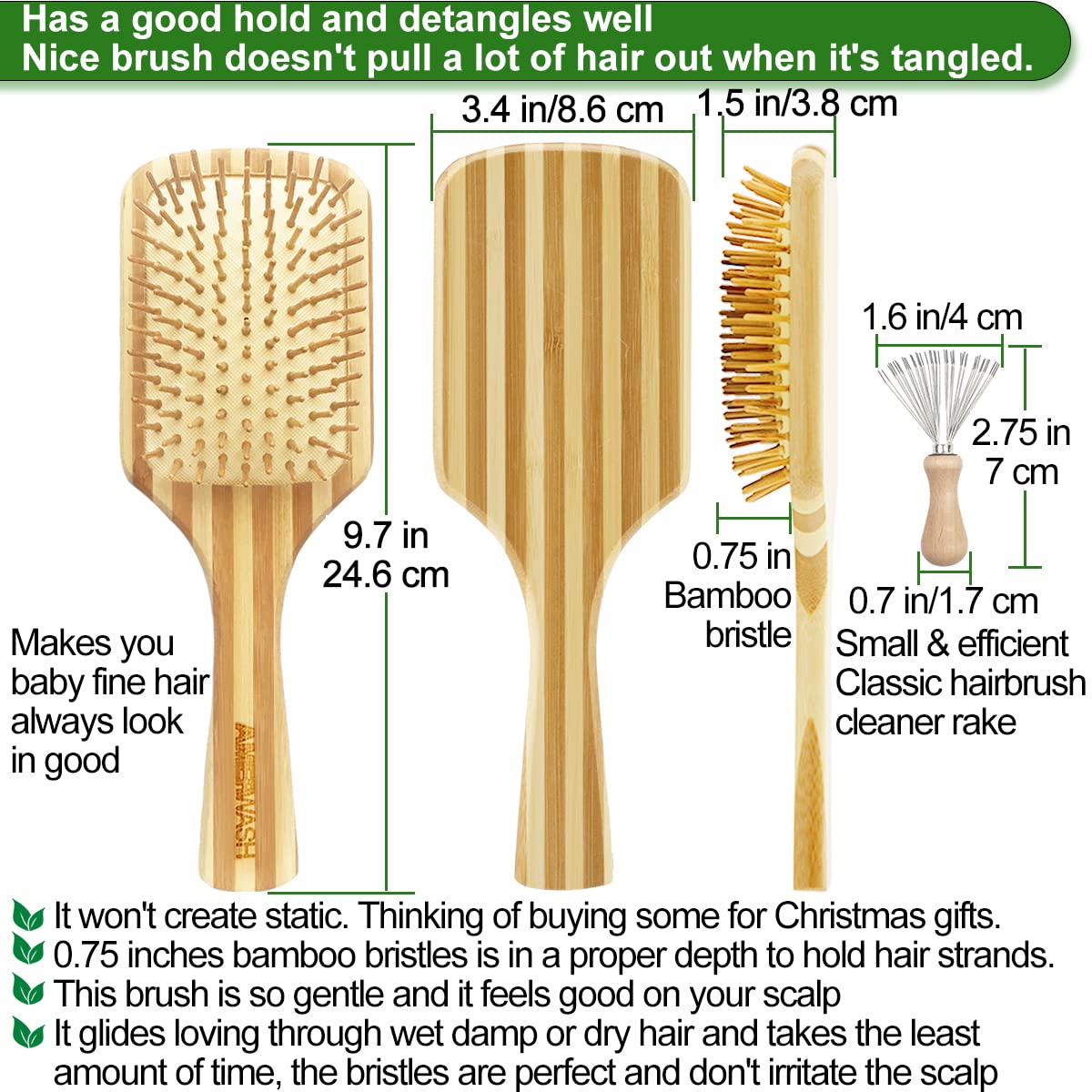 Bamboo Hair Brush with Cleaner Tool for Women Men Thick Curly Hair, Bamboo Bristle Large Wood Paddle Detangling Brush Helps Hair Growth, Enhance Shine & Health, Massaging Scalp - 2 Pack