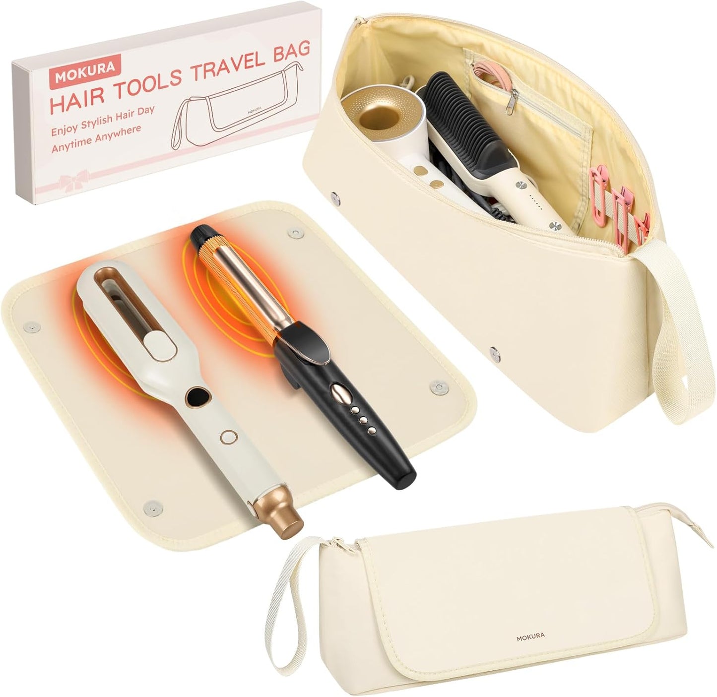 MOKURA Hot Hair Tools Travel Bag with Heat Resistant Mat Removable, Hair Accessories Organizer Case, Women Travel Essentials, Storage Pouch for Curling Iron Straightener Flat Iron Hair Dryer, Ivory