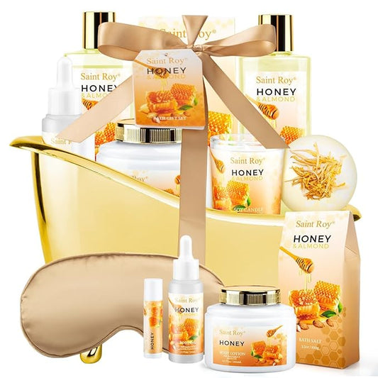 Bath spa Gifts for Her Spa Gift Basket, Honey Almond Spa Basket Bath and Body Set with Bath Bomb, Jojoba Oil & Lip Balm, Birthday Holiday Home Spa Gifts for Women & Men Fathers Day Mother day