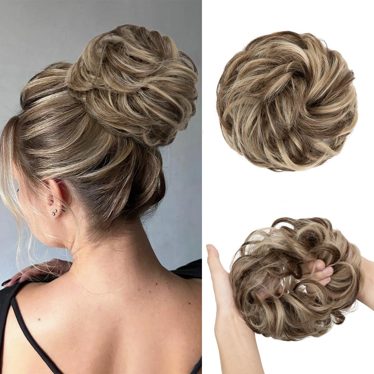 CJL HAIR Large Messy Bun Hair Piece Wavy Curly Scrunchies Synthetic Chignon Ponytail Hair Extensions Thick Updo Hairpieces for Women Brunette Blonde Multi