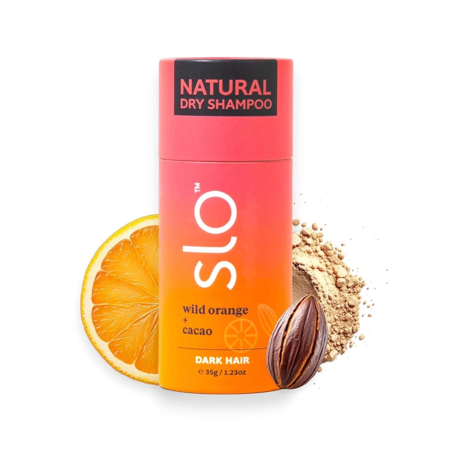 Slo | Natural Dry Shampoo Powder For Dark Hair - All Natural Ingredients, Vegan & Cruelty Free, Talc-Free Blend, Paper Packaging | Wild Orange + Cacao, (1.23oz/35g)
