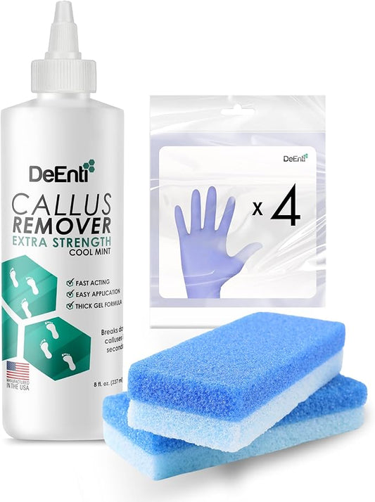 DeEnti Double Pumice Pack, Bundle Includes Mint Scented Callus Remover, 2 Pumice Stones for Feet, and 4 Pairs of Gloves, Salon Grade Foot Care, Home Manicure and Pedicure Kit