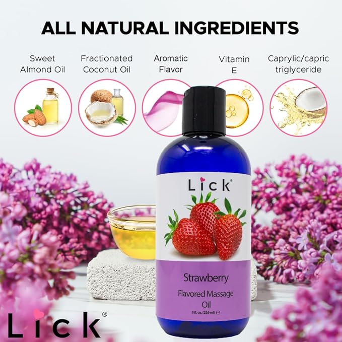 Lick Strawberry Bliss Edible Massage Oil – Natural, Sensual Body Oil for Couples, Hydrating, 8 oz