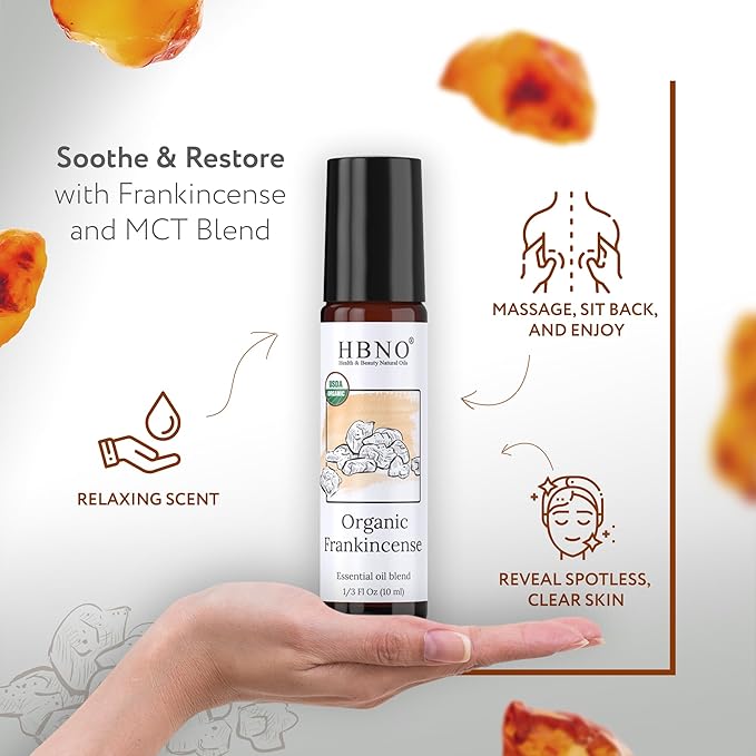 HBNO Organic Frankincense Essential Oil Roll-On - 1/3 oz (10 ml) Travel Size - USDA Certified Organic Frankincense and Mct Oils - Perfect for Traveling, Aromatherapy, Massage, perfumes, moisturizer.