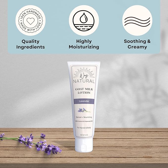 Goat Milk Lotion, Lavender - Home & Away Set, Natural, Body/Hand - Goat Milk Hand Cream for Women and Men - Creamy, Dry Skin Relief - Lavender Lotion - 8oz & 2oz Travel Size Tube