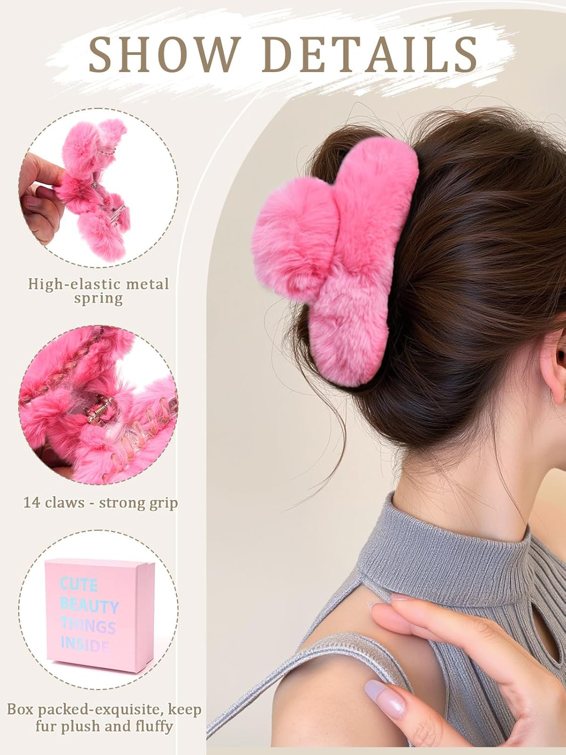 ACECHA 2 Pack Large Fluffy Fuzzy Hair Claw Clips for Women, 5.9" Winter Fur Furry Hairclips, Soft Plush Aesthetic Hair Accessories for Christmas Halloween New Year Party (Green & Hot pink)