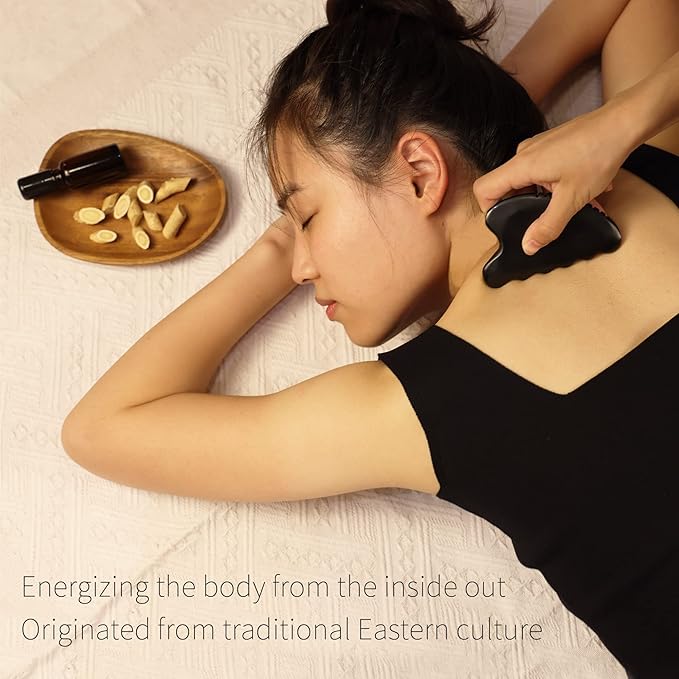 Gua Sha Facial Tools, Natural Bian Stone Gua Sha Jade Massage Tool, Body Gua Sha Stone with Comb, Large GuaSha Set for Traditional Acupuncture Therapy(Wave-Edge)