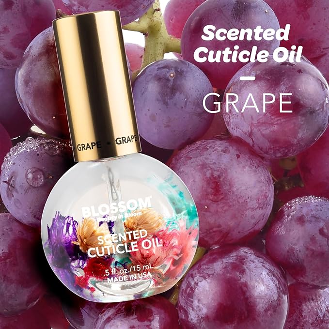 Blossom Hydrating, Moisturizing, Strengthening, Scented Cuticle Oil, Infused with Real Flowers, Made in USA, 2 Pack Bundle, Grape + Watermelon