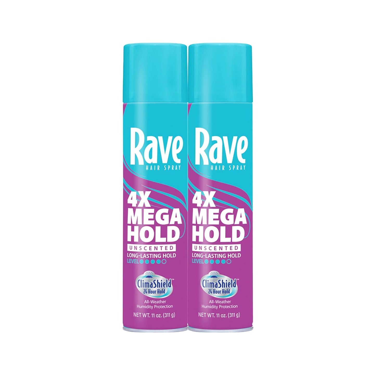 Rave 4X Mega Unscented Aerosol Hairspray - Hair Spray for High Humidity Weather - 24-Hour Lasting Hold - Vitamin-Enhanced Hair Volume Spray - 2 pc