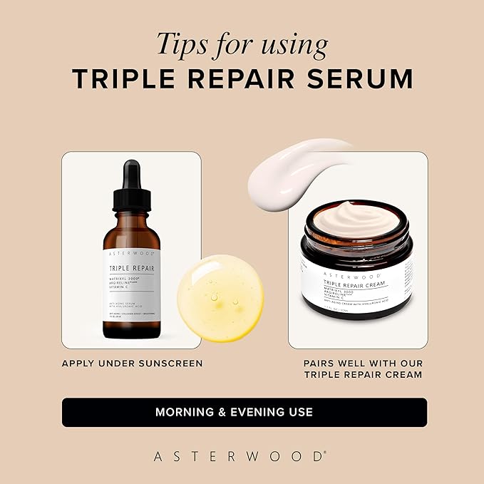Asterwood Triple Repair Matrixyl 3000 + Argireline + Hyaluronic Acid + Vitamin C Serum for Face - Anti-Aging, Collagen Boosting, Hydrating - Fragrance-Free - 2 Fl Oz