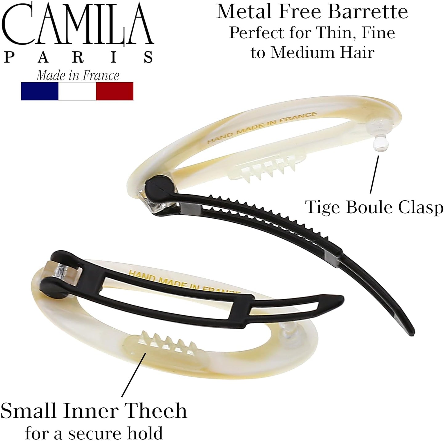 Camila Paris CP1994/2 French Hair Barrette Clip for Women, Handmade, Side Slide-in Metal-Free Closure Strong Hold Grip Hair Clips for Girls, No Slip Durable Styling Hair Accessories, Made in France