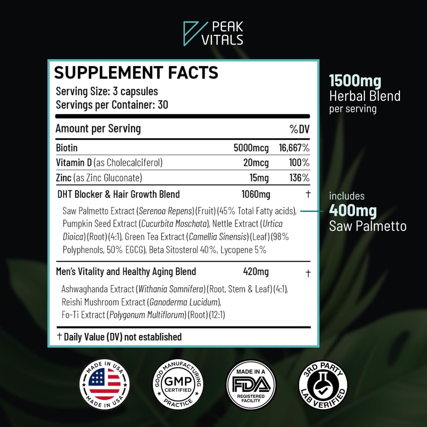 DHT Blocker for Men | Ultra Potent Hair Growth Formula | Saw Palmetto, Biotin, Pumpkin Seed, Herbal Extracts | Natural Hair Loss Supplements | Hair Regrowth Vitamins | Made in The USA | 90 Capsules