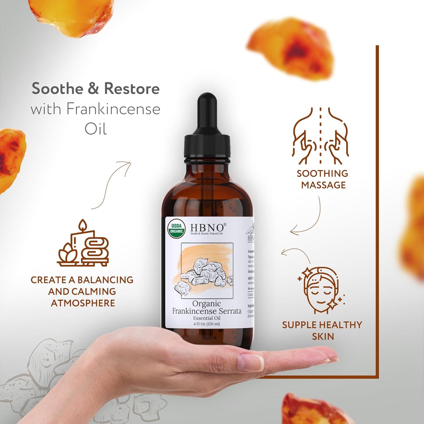 HBNO California Bottled Organic Frankincense Essential Oil 4 fl oz (120ml) - USDA Certified Oil - Organic Frankincense Essential Oil for Skin and Aromtherapy