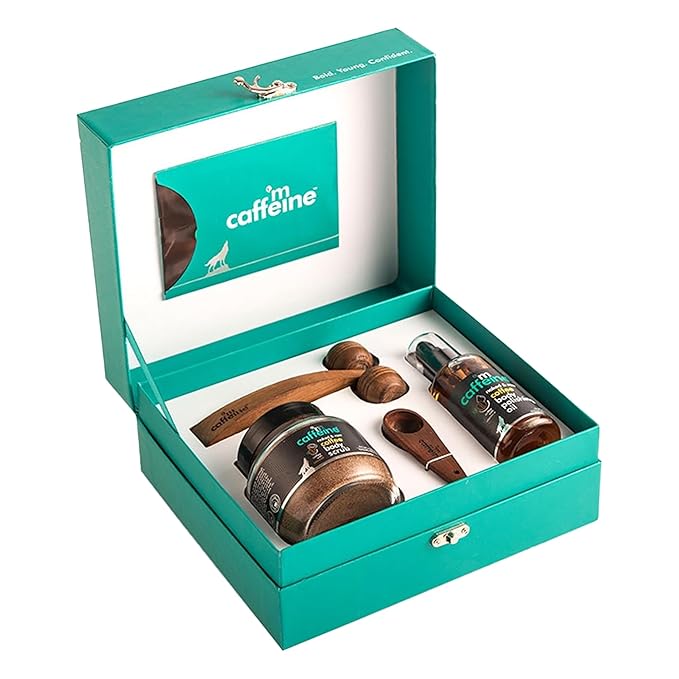 mCaffeine Coffee De-stress Gift Kit for Unisex - 4 Pc 3.38oz Naked and Raw Coffee Body Polishing Oi, 3.5oz Naked and Raw Coffee Body Scrub - Coconut, Brew Scoop, Wooden Massager