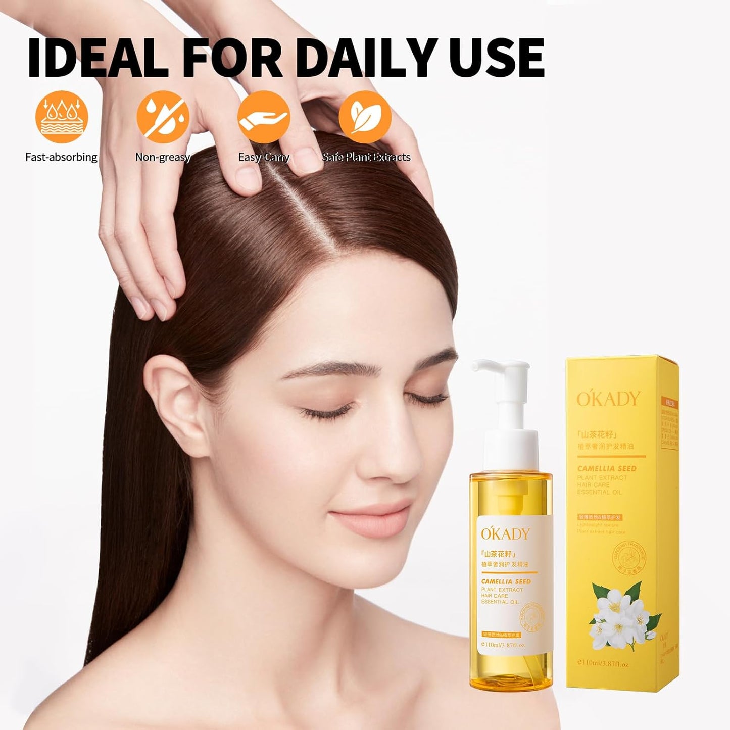 Camellia Seed Hair Oil - Split Ends & Dry Scalp Treatment,Adds Shine & Softness, Moisturizing & Encouraging Longer for Frizzy Hair Care, Women & Men, 110ML