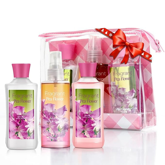 Bath & Body Care Travel Set Pea Flower Scent Home Spa Set with Body Lotion, Shower Gel and Fragrance Mist