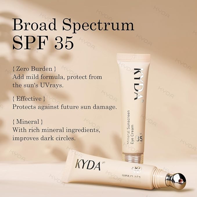 KYDA Mineral Sunscreen Eye Cream, 3-in-1 Anti-Aging Eye Cream, SPF 35, for Dark Circle and Fine Lines, Light