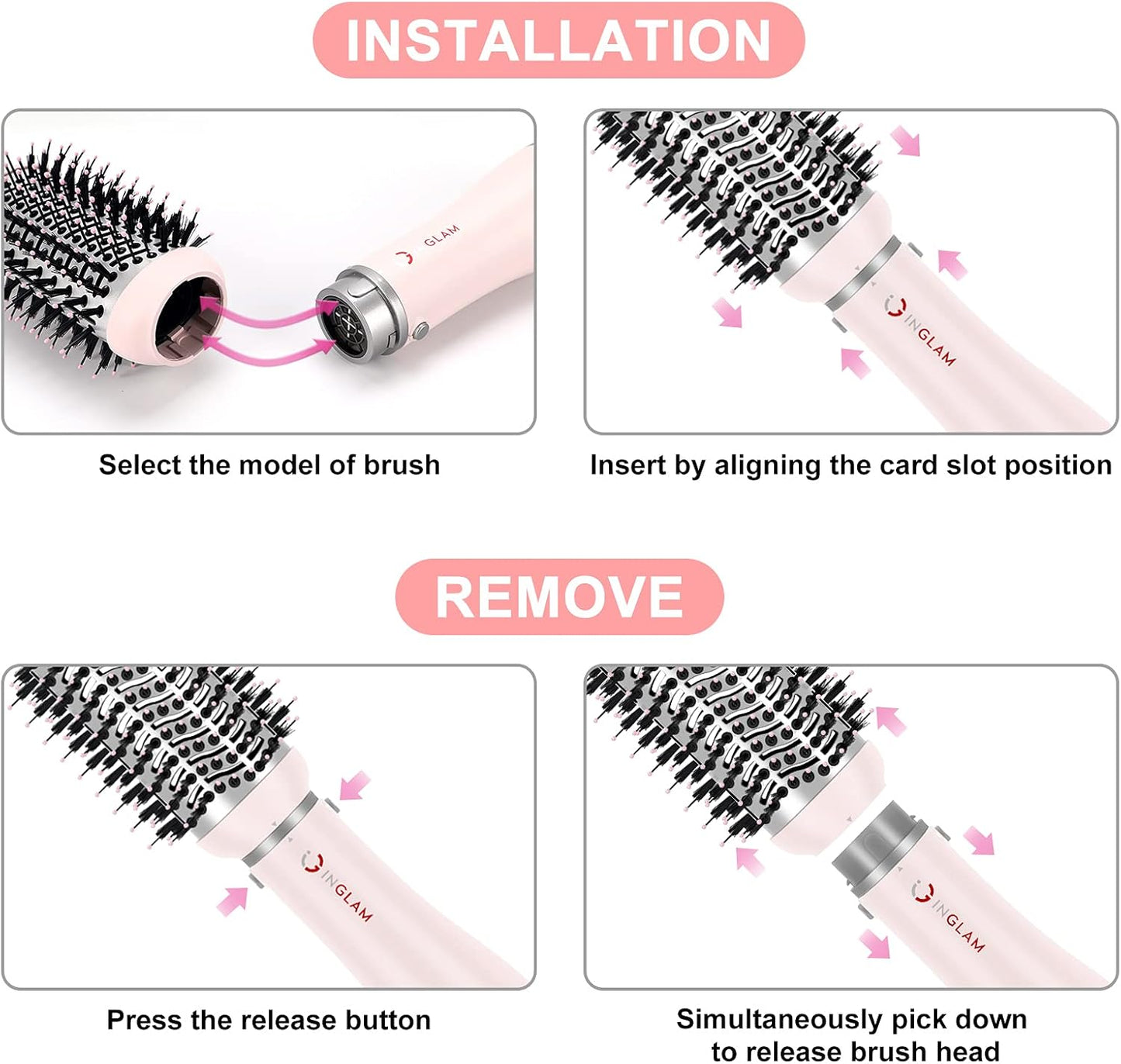 IG INGLAM 4 in 1 Blowout Hair Dryer Brush Set - Negative Ion Detachable Hair Dryer, Volumizer Styler with 2 Brush Heads, Pink