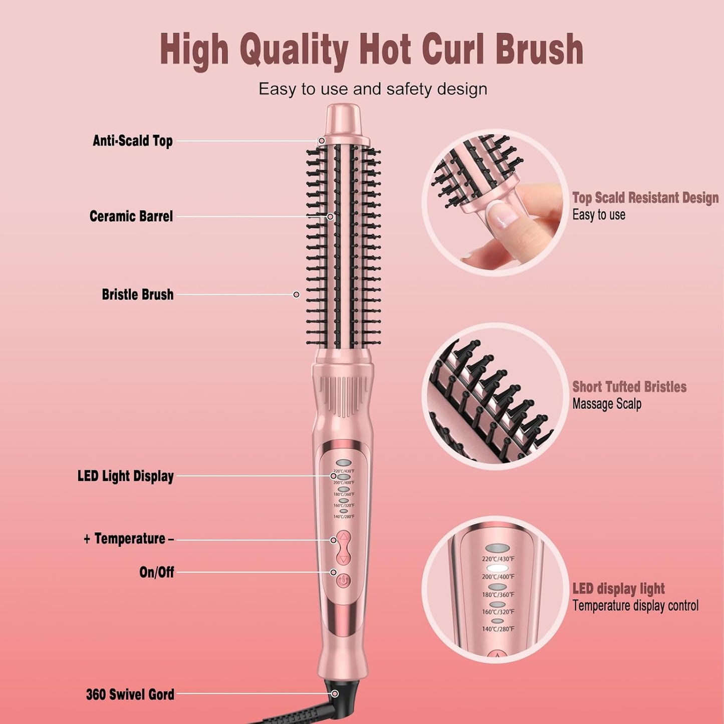 Thermal Brush, Heated Round Brush & Curling Iron with Ceramic Ionic Technology, Hair Tools for Volumizing & Styling, Travel-Friendly Hot Comb with Adjustable Temperature（Gold 1 inch）