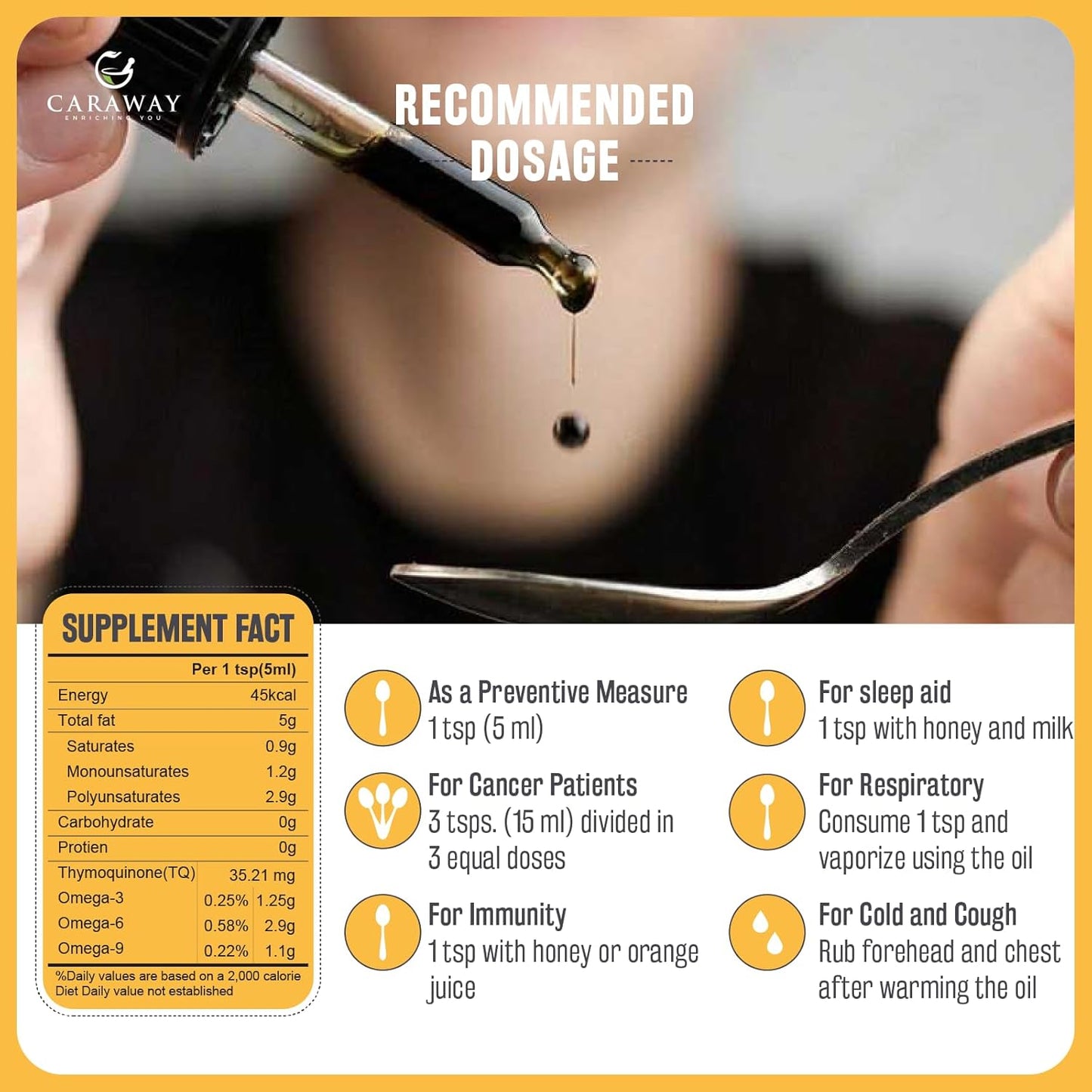 CARAWAY Organic Black Seed Oil - Cold Pressed Nigella Sativa Oil - Pure and Unrefined - Rich in Thymoquinone for Immune Support, Hair and Skin Care | Glass Bottle