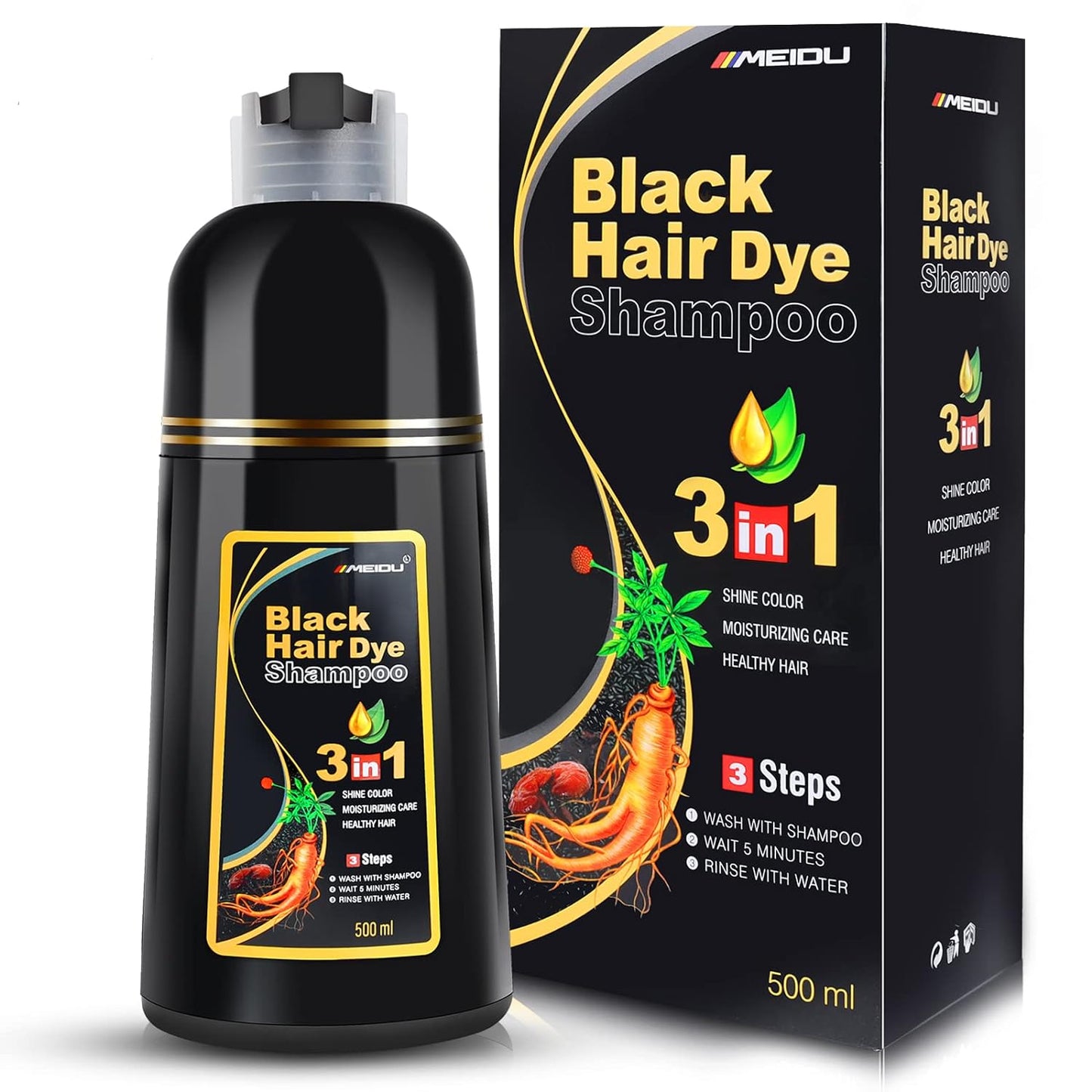 MEIDU Black Hair Dye Shampoo 3 in 1, Shampoo for Color Treated Hair 100% Gray Coverage for Women Men, Natural Herbal Ingredients Champu Para Canas pintar el pelo 500ml