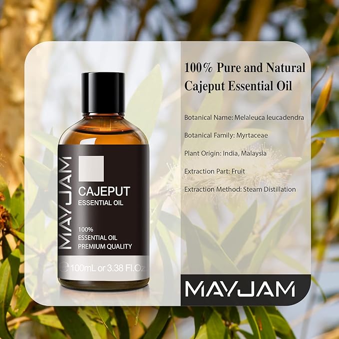 Cajeput Essential Oil, 3.38FL.OZ Pure Essential Oils with Glass Dropper, Large Volume Cajeput Oil, Perfect for Massage, DIY Candle and Soap Making（100ML)