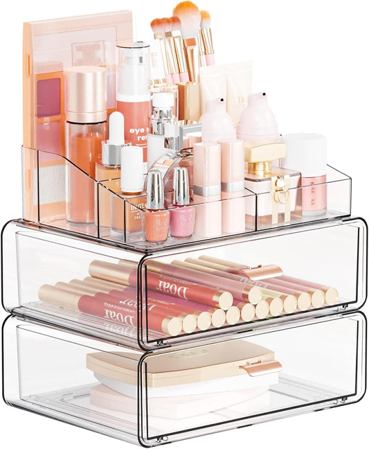 Yieach Clear Acrylic Makeup Organizer Countertop With Drawer,3 Tier Large Skincare Organizer for Vanity,Plastic Bathroom Cosmetic Storage Organizer for Lipstick,Makeup Brush,Palette,Beauty Products