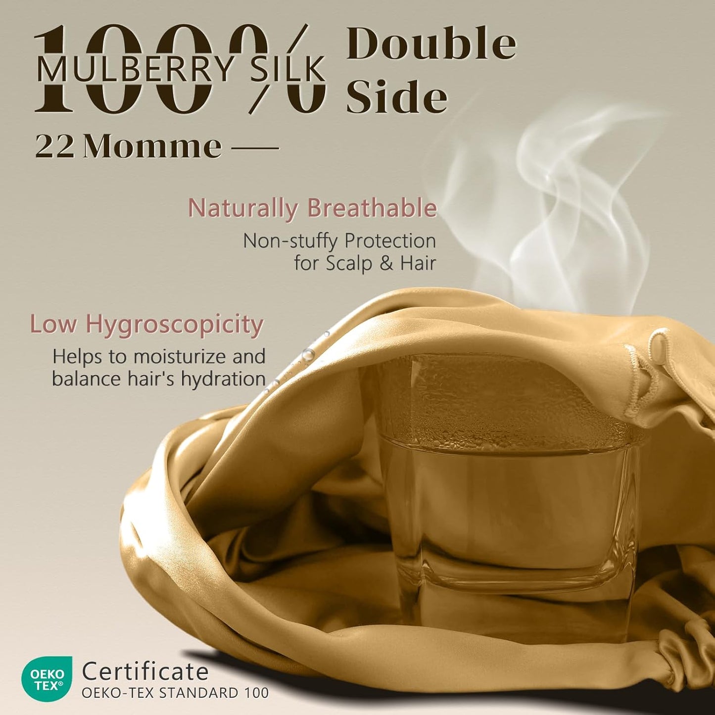 ZIMASILK 22 Momme 100% Mulberry Silk Bonnet for Sleeping & Women Hair Care, Highest Grade 6A Silk Hair wrap for Sleeping with Premium Elastic Stay On Head (1Pc, Golden)