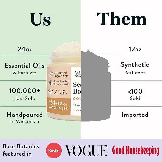 Bare Botanics Coconut Vanilla Body Scrub 24oz | Made in Madison, WI | All Natural Sea Salt Exfoliator w/ Skin Loving Moisturizers | Vegan & Cruelty Free | Gift Ready Packaging w/ a Cute Wooden Spoon