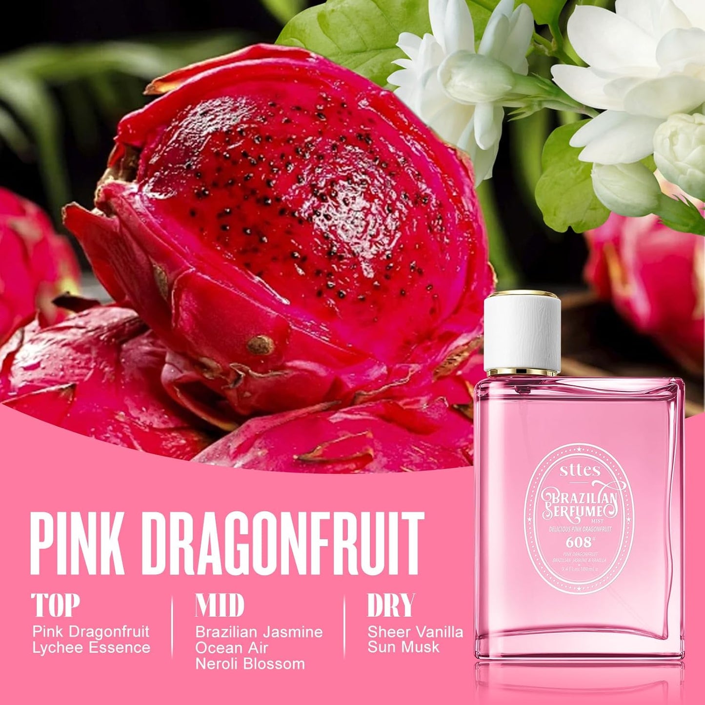 Sttes Perfume 608# (Delicious Pink Dragonfruit) - Eau de Perfume 100ml (3.4fl oz) Fruity and Floral (Vanilla + Jasmine + Red Pitaya)