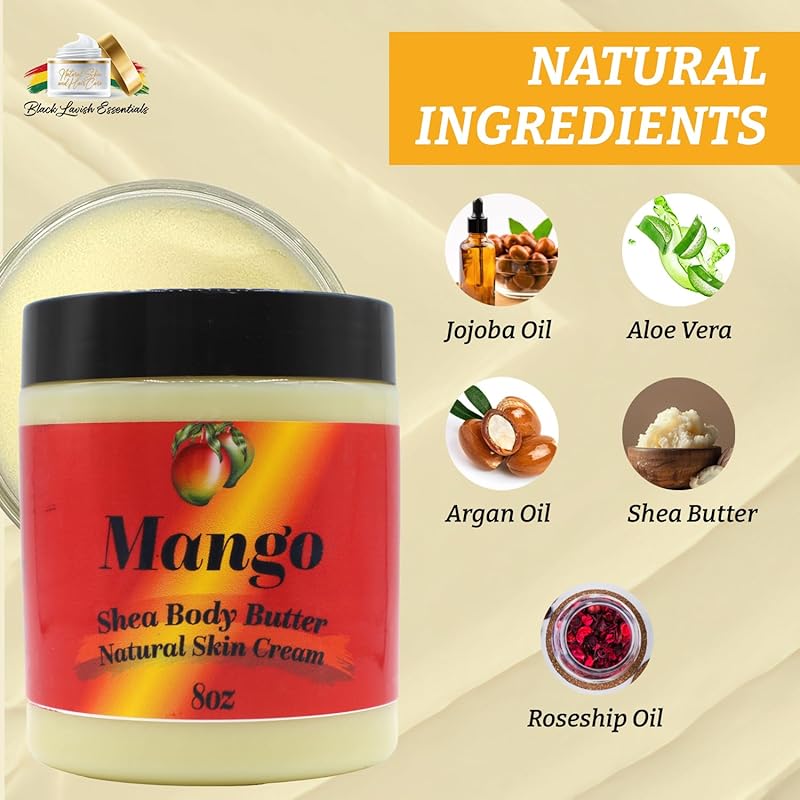 Ultra-Soft Shea Body Butter, Dry Skin Cream for Radiant Moisturized Skin, Natural Hydrating Body Lotion with Aloe Vera, Argan Oil, Rosehip Oil, (Mango, 8oz)