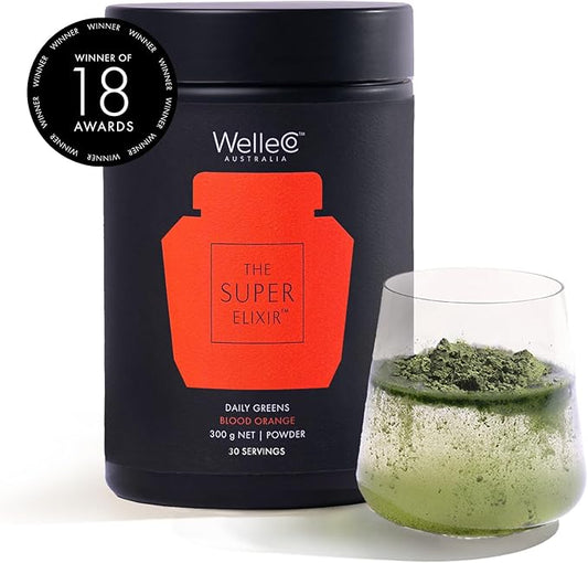 WelleCo The Super Elixir Daily Greens Powder, Probiotic Drink Mix with Whole Foods, Gluten Free, Vegan Gut Health Powder, Energy, Immunity, Healthy Skin, Hair & Nails (Jar, Blood Orange)