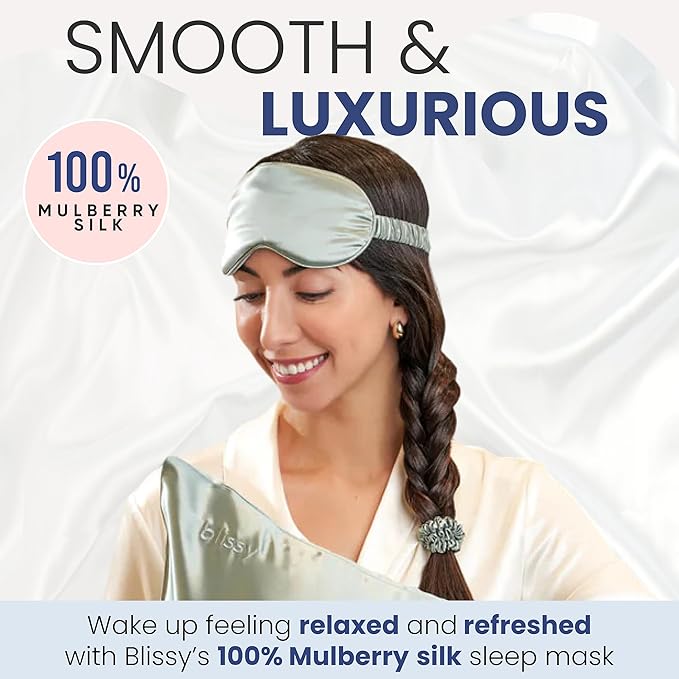 Blissy Silk Sleep Mask - Silk Eye Sleeping Mask for Women & Men for Total Blackout - 100% Pure Mulberry Silk, 22 Momme 6a Fibers - Blindfold Silk Sleep Mask Side Sleeper Eye Cover (Matcha)