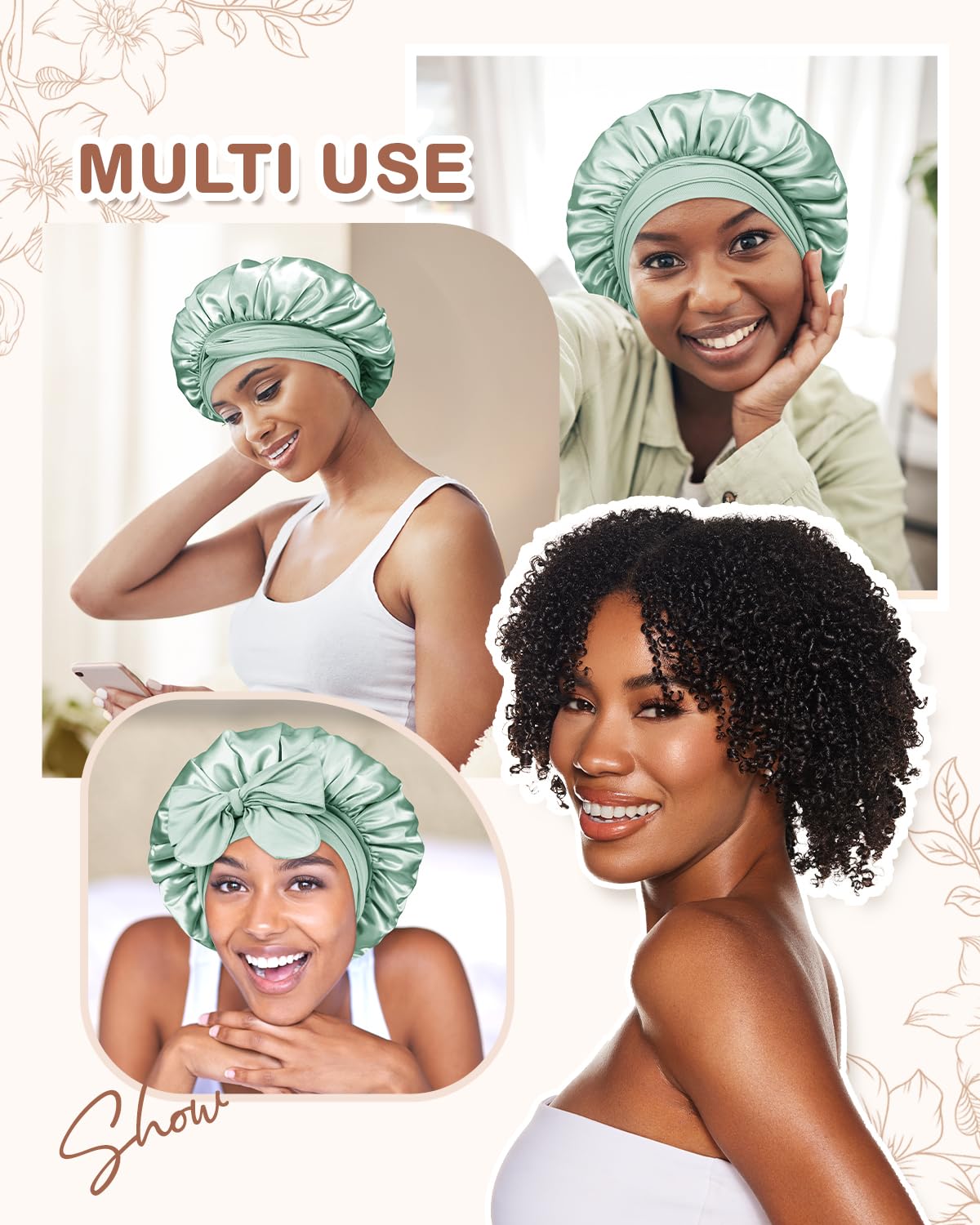 BONNET QUEEN Silk Bonnet for Sleeping Women Satin Bonnet Night Sleep Cap Wrap for Curly Hair with Adjustable Tie Band, Single Layer, Small, Sage