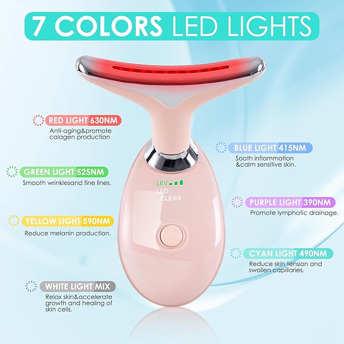 Facial Massager for Face and Neck, Red-Light-Therapy-for-Face and Neck, Face culpting Wand with 7 Color, at-Home Face Tool for Skin Care (Pink)
