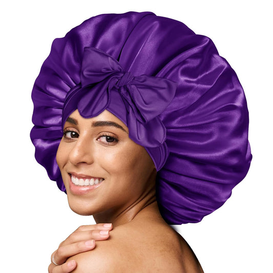 BONNET QUEEN Silk Bonnet for Sleeping Women Big Satin Bonnet Night Sleep Cap Wrap for Curly Hair with Adjustable Tie Band,Large, Purple
