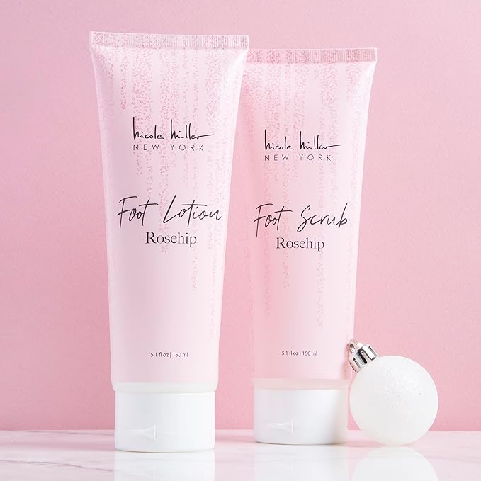 Nicole Miller Bath and Body Present Set Piece Foot Spa Set with Fuzzy Slippers, a Sponge, Foot Lotion, and Foot Scrub, Rosehip with Sparkle Star Slippers