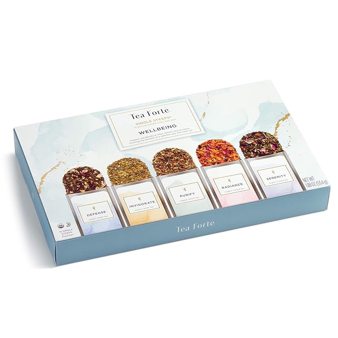 Tea Forte Wellness Tea Assortment Single Steeps Loose Leaf Premium Tea Gift Set Sampler, 15 Count 3 of Each Assorted Blends, Pre-Portioned Single Serve Pouches, Steeps 12 oz
