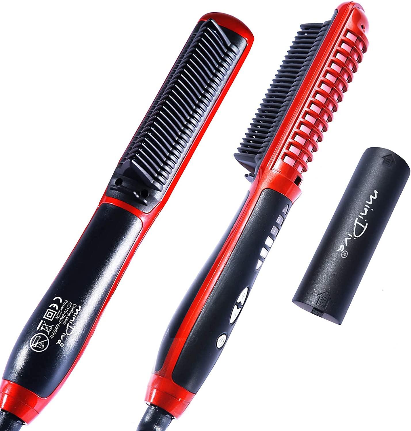 Minidiva 2-in-1 Hair Curler and Straightener with Anti-Scald, 30s Fast Ceramic Heating, 6 Heat Levels, Auto Off, 360 Swivel Cord Portable Hot Hair Straightener Brush for Home, Travel (Red)