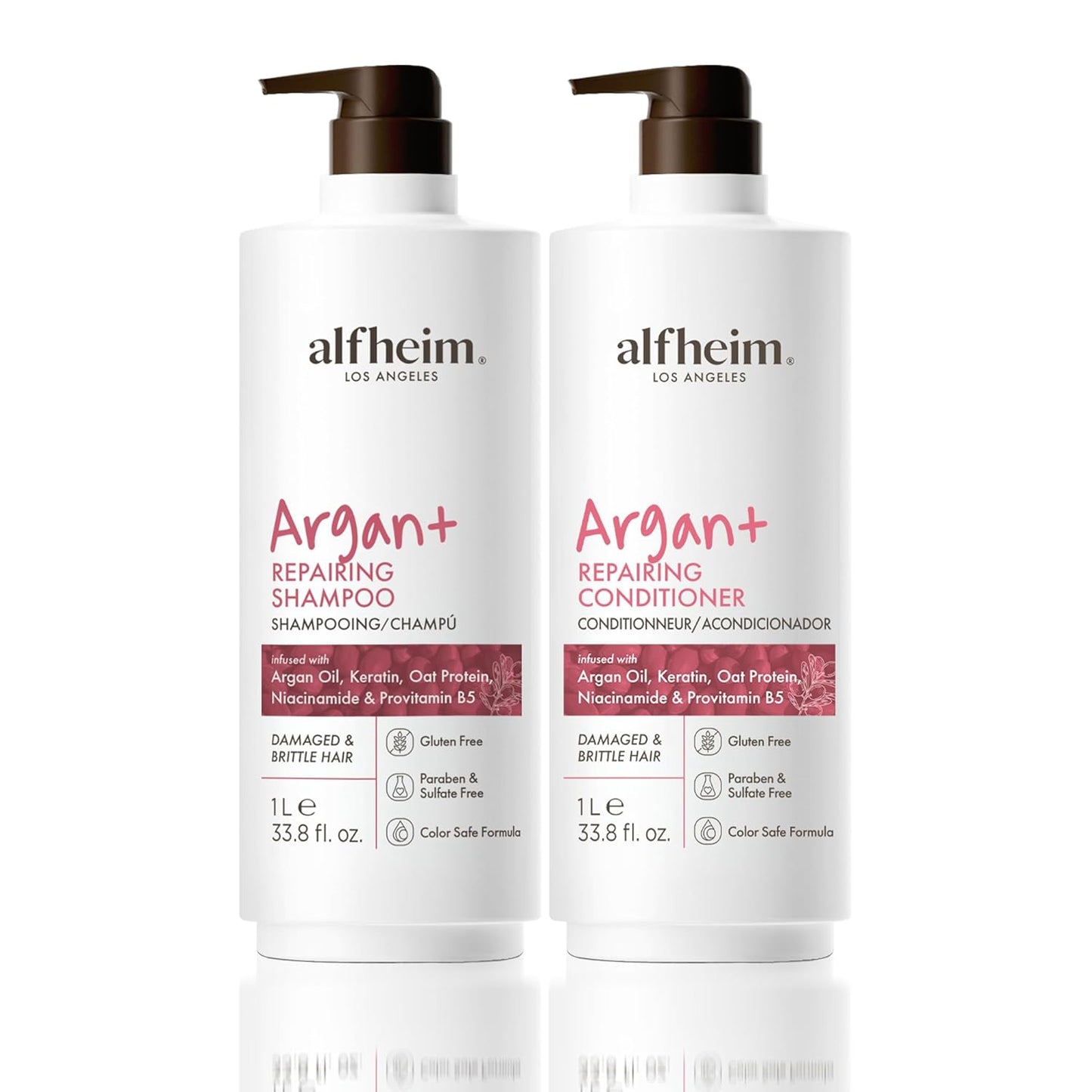 ALFHEIM Argan+ Repairing Shampoo & Conditioner Set for Dry, Damaged & Frizzy Hair with Argan Oil, Keratin – Deep Repair, Moisture, Shine & Frizz Control – Color Safe, Sulfate Free – 33.8 oz × 2