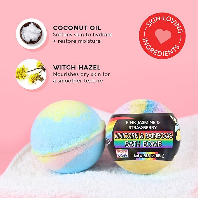 Nature's Beauty Unicorns & Rainbows, Pink Jasmine & Strawberry Scent Bath Bomb for Kids Multi-Pack - Natural, Non-Staining, Fun Bubbly Fizzy Spa Bomb, Made w/Coconut Oil + Witch Hazel, 5.5oz (4 Pack)