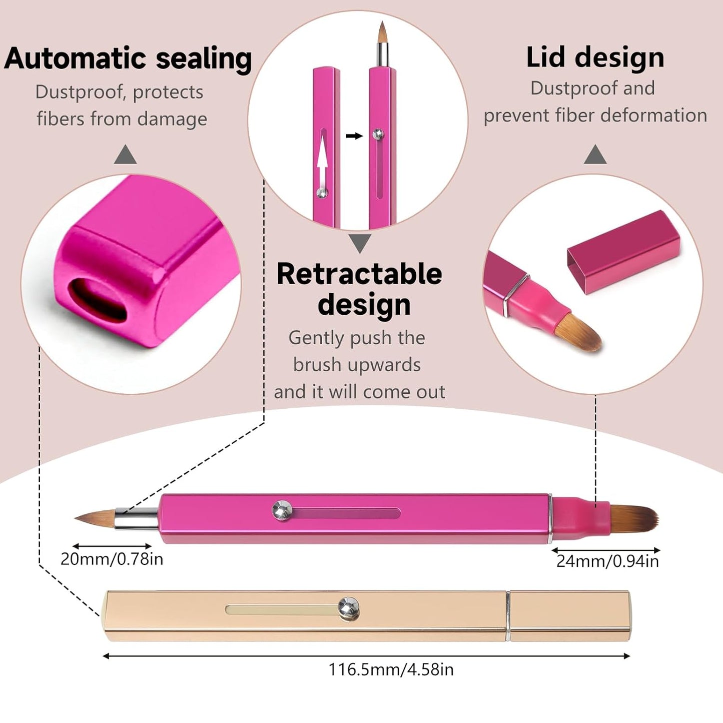 Retractable Retractable Dual-ended Lipstick Brush Double-ended Lip Makeup Brush Lip Gloss, Eyeshadow-2PCS (Gold + Rose)