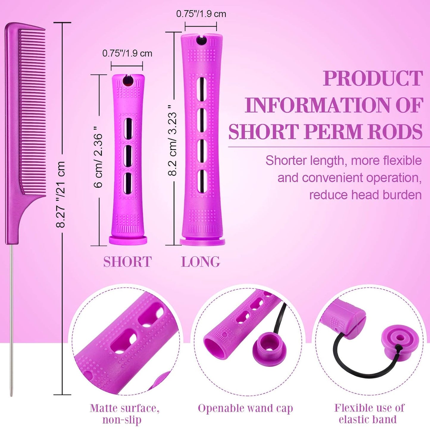 48 Pieces Hair Perm Rods Short Cold Wave Rods Plastic Perming Irons Hair Curling Rollers Curlers with Steel Pintail Comb Rat Tail Comb for Hairdressing Styling Supplies(0.75 Inch,Purple)