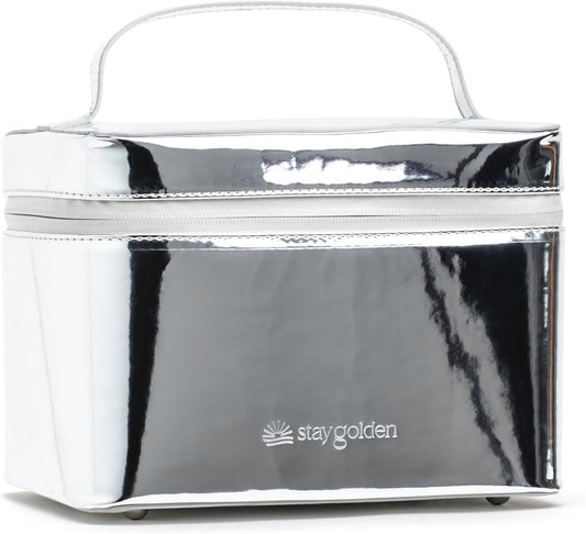 Stay Golden Insulated Waterproof Makeup Bag for Women Heat-Resistant Travel Cosmetic & Toiletry Bag | Luxurious Vegan Leather Portable Makeup Organizer - (Silver Zipper, Metallic Silver)