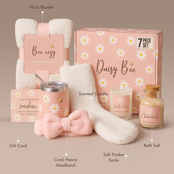 DaisyBee(7PC) Birthday Gift Hamper for Women, Get Well Soon Gift Set, Self Care Gifts for Girls with Cozy Blanket, Bow Headband, Aroma Candle, Tumbler, Mothers Day Gifts, Relaxation Care Package Set