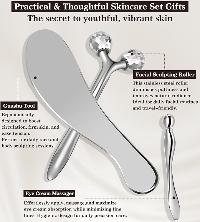 Face Roller, Large Stainless Steel Metal Guasha & Eye Cream Applicator Facial Tool Set Eye Massager Lymphatic Drainage Gua Sha for Face Neck